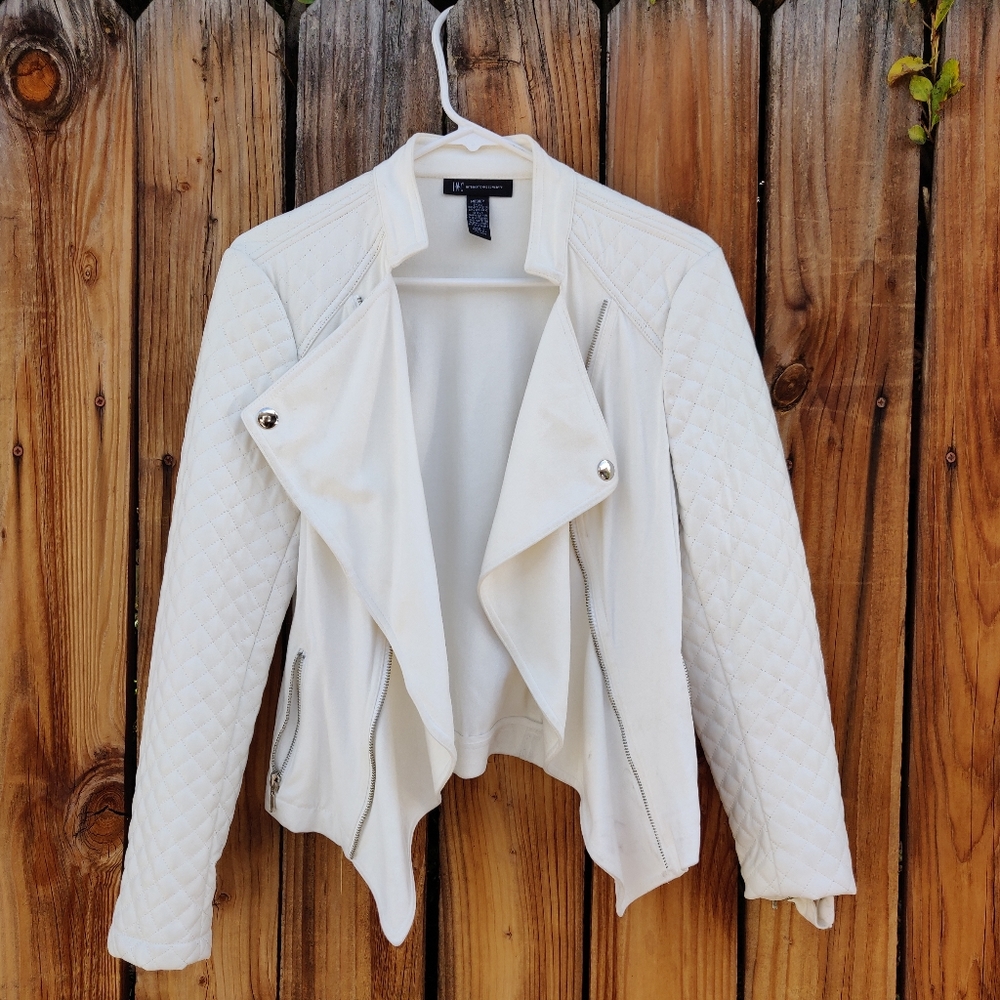 White Faux Leather Polyester Blazer Jacket.